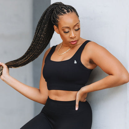 Rich Girl Ribbed Sports Bra in Charcoal Black